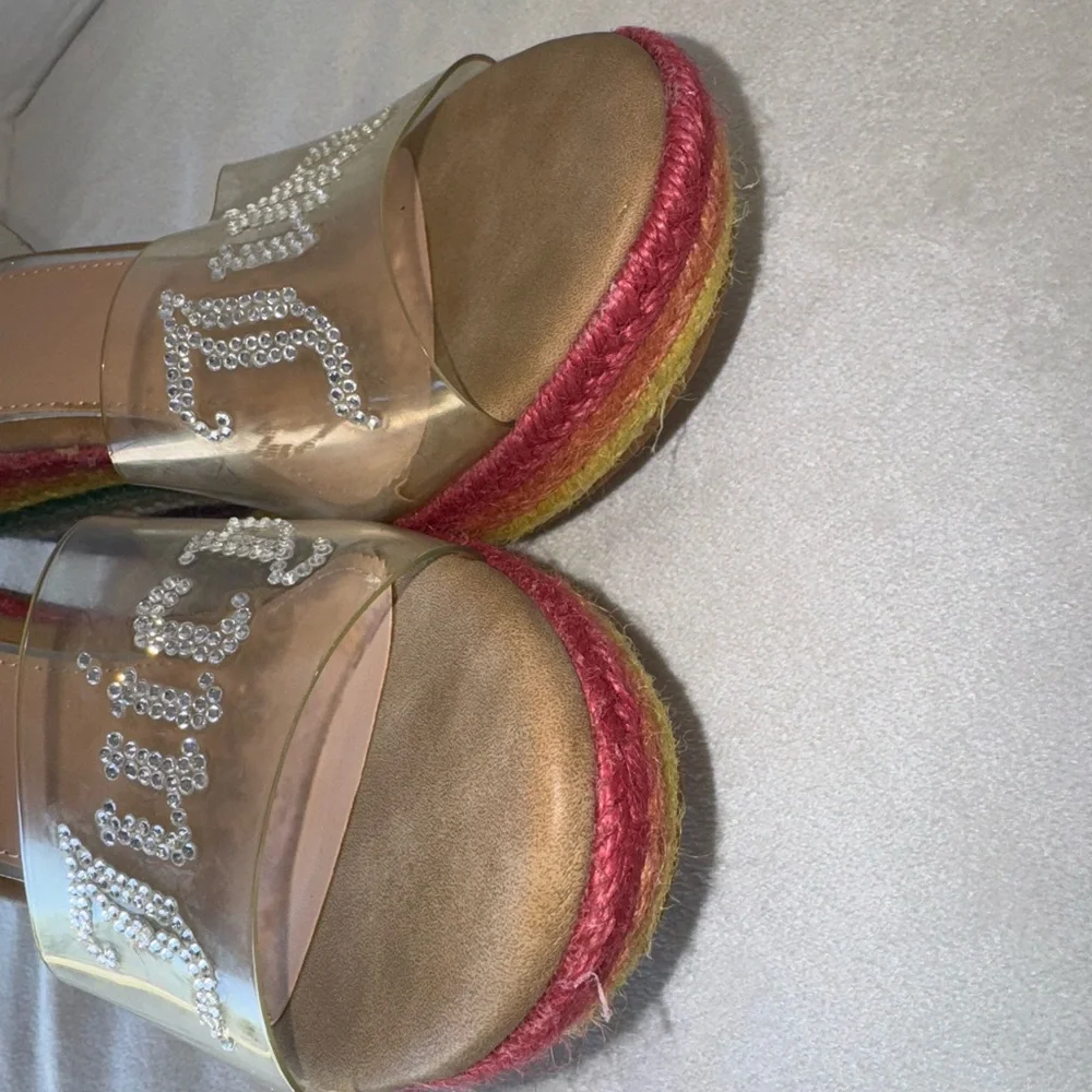 Juicy Couture Rainbow Espadrille Wedge Womens Sandals And Rhinestone Logo Sz 7.5